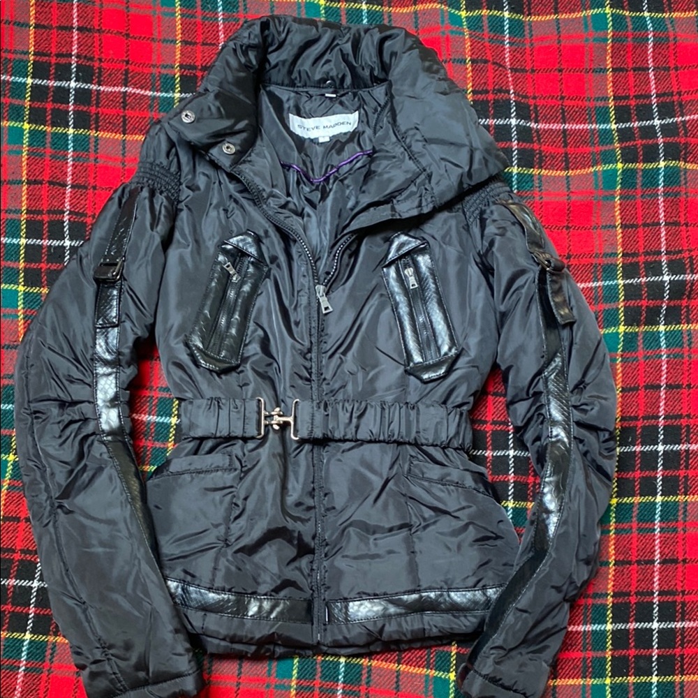 Steve Madden Black Puffer Jacket with Belt